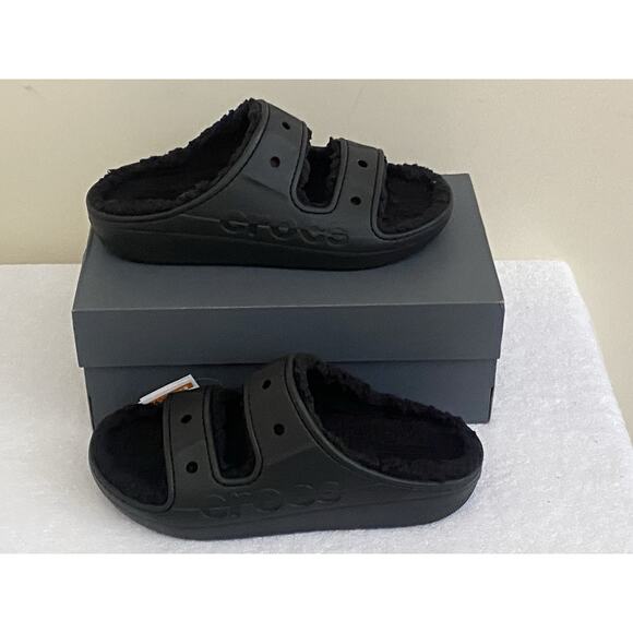 CROCS Black Fuzz-Lined Double Strap Slide Sandals